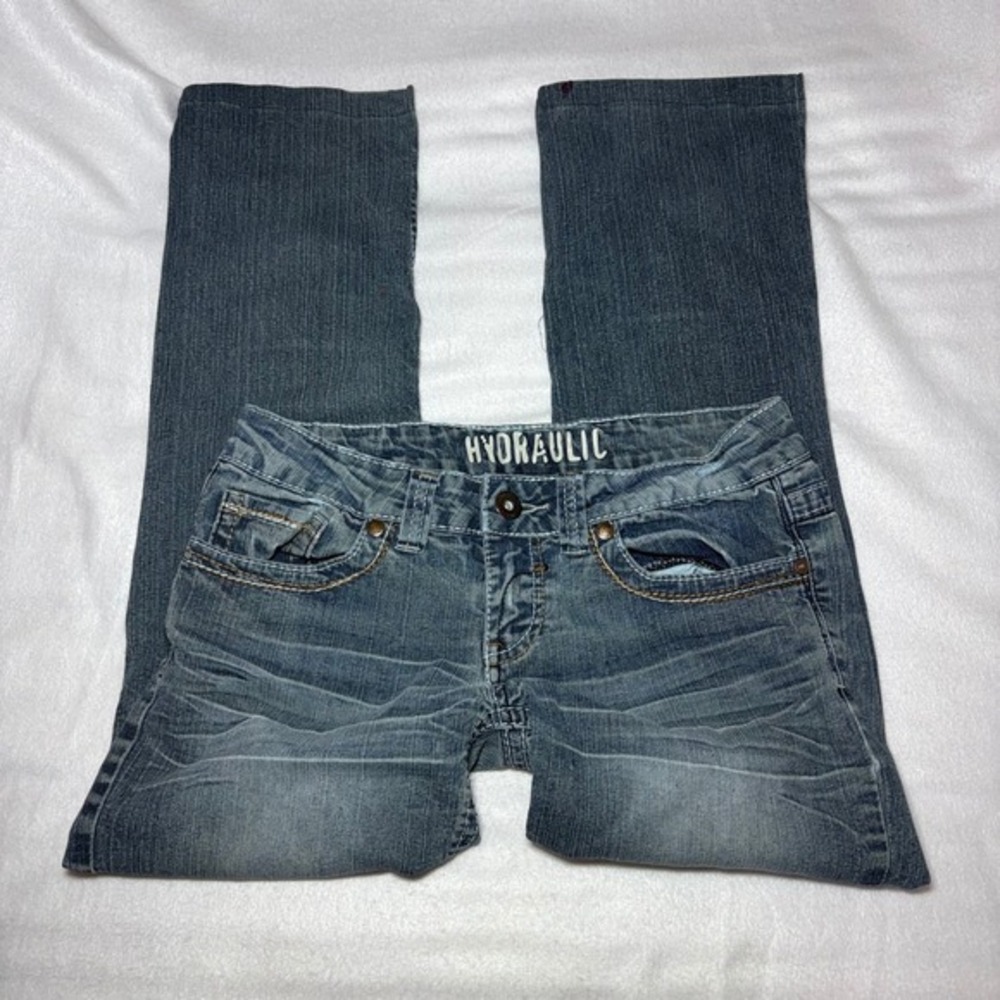 Hydraulic Y2K Low Rise Straight Leg Jeans Medium Wash Embroidered Pockets 8P